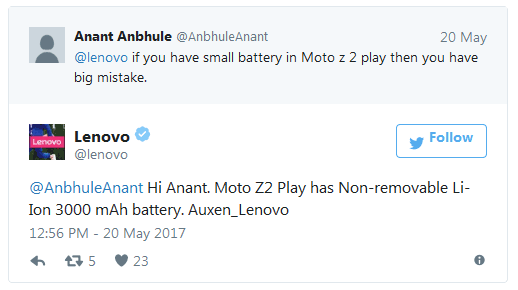 Литий-ионный аккумулятор Moto Z2 Play будет несменным