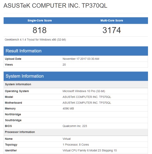 В Geekbench замечен ноутбук-трансформер Asus TP370QL на платформе ARM и под управлением Windows 10