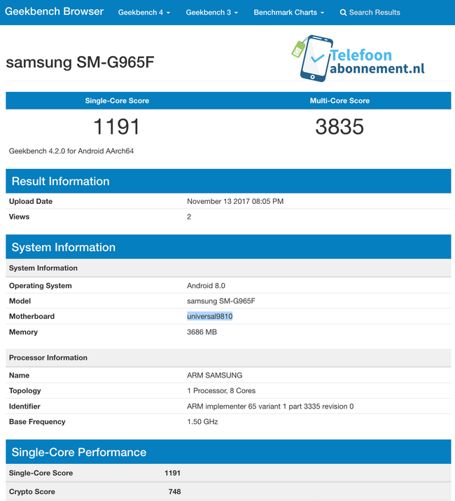 Смартфон Samsung Galaxy S9+, оснащенный SoC Exynos 9810 и 4 ГБ ОЗУ, замечен в Geekbench 
