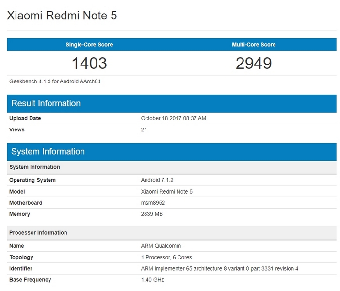 Xiaomi Redmi Note 5 появился в базе Geekbench