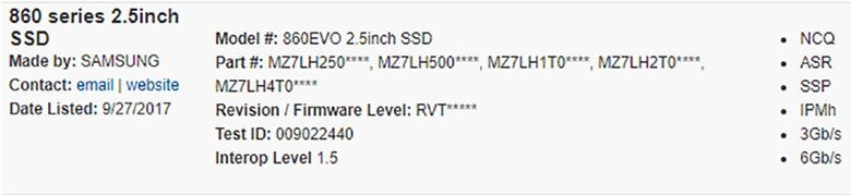 Твердотельные накопители Samsung 860 Evo замечены в базе данных SATA-IO