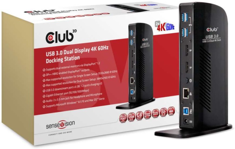 Стыковочная станция Club 3D CSV-1460, подключаемая по USB 3.0, поддерживает два монитора 4K