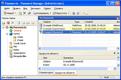 Главное окно программы AES Password Manager