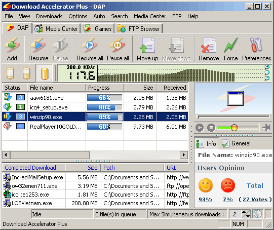 Главное окно Download Accelerator Plus
