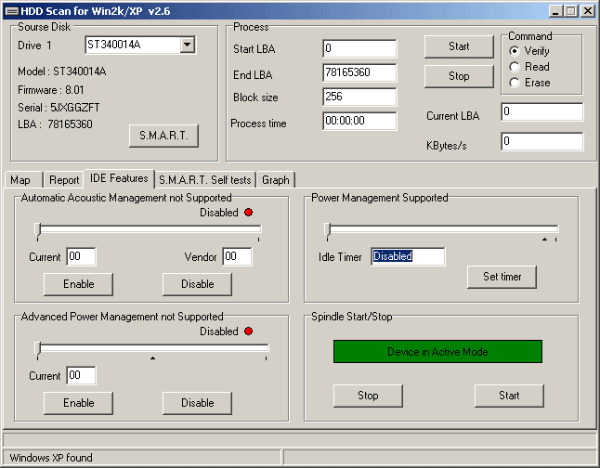 HDD Scan - тестирования жестких дисков, управление скрытыми настройками SMART