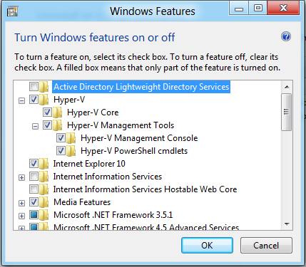 Для использования Hyper-V его вначале нужно включить в списке опциональных компонентов Windows 8