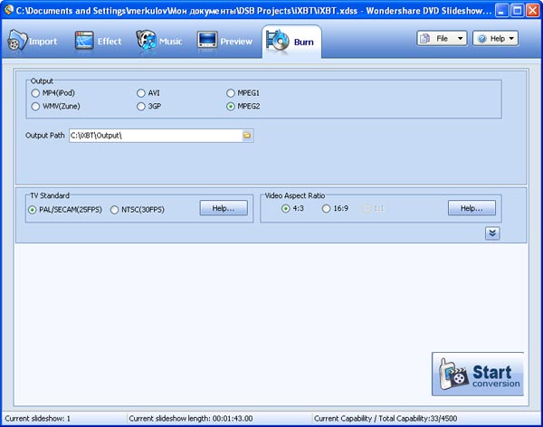 Опции создания видео и прожига оптического носителя в Wondershare DVD Slideshow Builder