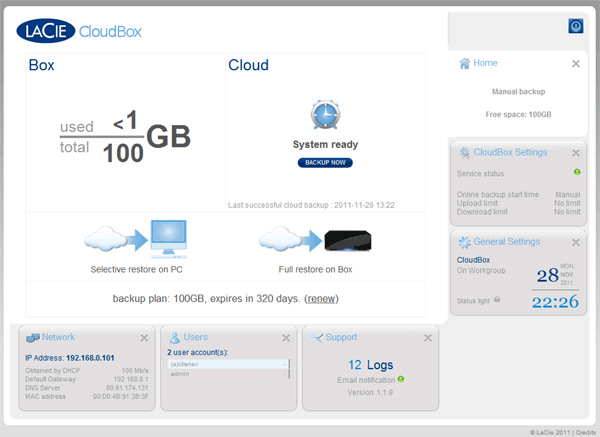 Домашняя страница веб-интерфейса LaCie CloudBox