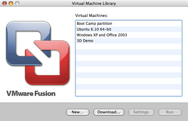Библиотека виртуальных машин в VMware Fusion