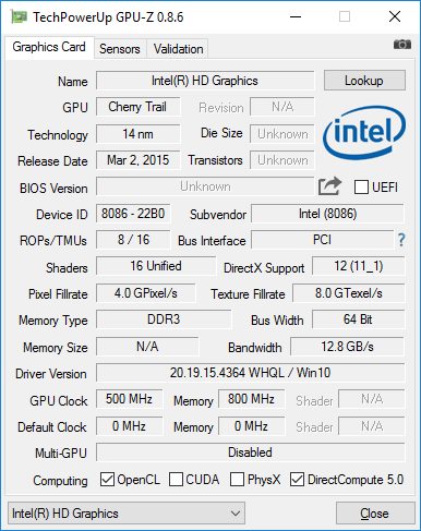 Конфигурация Intel Compute Stick на платформе Cherry Trail