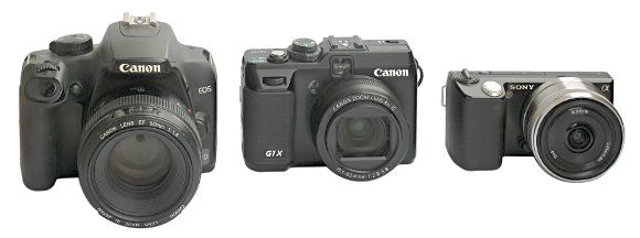 Canon EOS 1000D, Canon PowerShot G1 X и Sony NEX-5