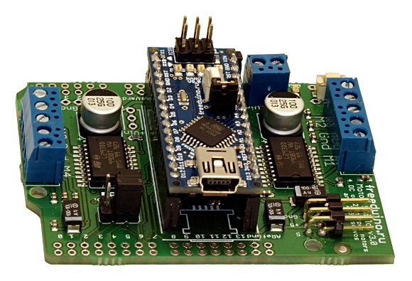 модуль Freeduino Nano v5 установлен на Freeduino Motor Shield v3