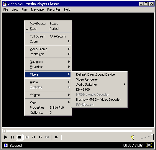 Windows Media Player Classic, список используемых фильтров