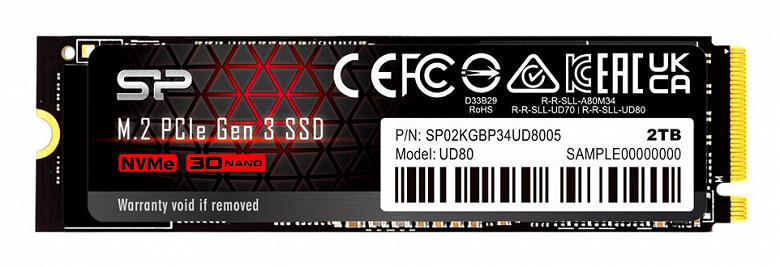 Твердотельный накопитель Silicon Power UD80 оснащен интерфейсом PCIe Gen3 x4