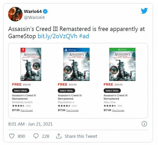 GameStop раздает игру Assassin’s Creed III Remastered для Switch, PS4 и Xbox One бесплатно