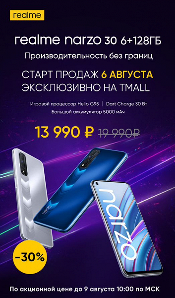 Новинка Realme прибывает в Россию со скидкой 30% для первых покупателей. Дата выхода и цена Realme Narzo 30