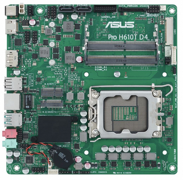 Плата Asus Pro H610T D4-CSM типоразмера Thin mini-ITX рассчитана на процессоры Intel в исполнении LGA1700