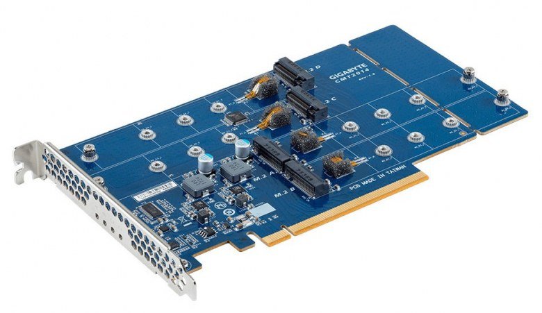 Адаптер Gigabyte CMT2014 позволяет подключить к слоту PCIe x16 до четырёх SSD формата M.2