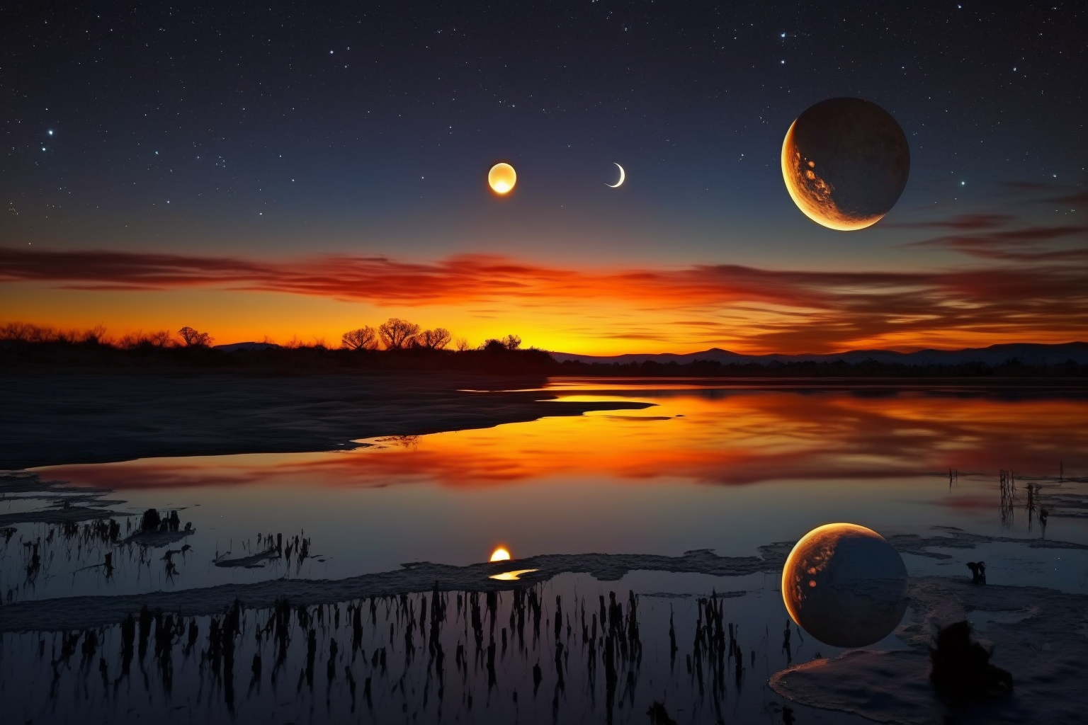 Соединение луны и юпитера. Лунный закат. Луна на фоне заката. Луны Юпитера.