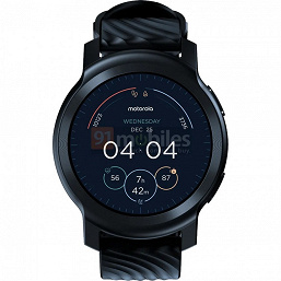 1.3-inch round display, GPS, heart rate and SpO2 sensors, aluminum housing and water resistant.  Smart watch Moto Watch 100 showed on high-quality renders