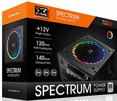 В блоках питания начального уровня Xigmatek Spectrum вентилятор украшен подсветкой RGB