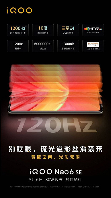 4700 mAh, 80 W, 120 Hz, Snapdragon 870 and 64 MP with OIS.  Detailed specifications of iQOO Neo 6 SE 5G smartphone