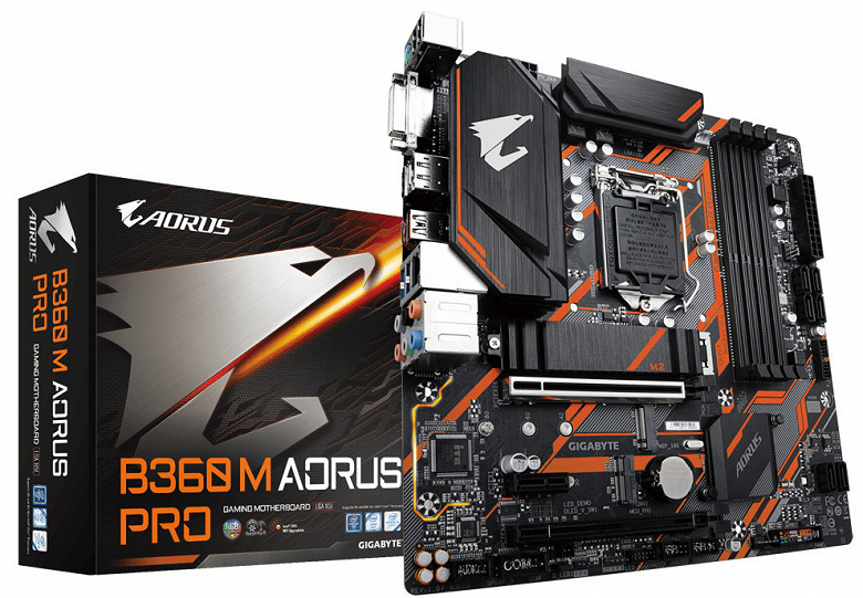 Системная плата Gigabyte B360 M Aorus Pro типоразмера mATX оснащена тремя слотами M.2