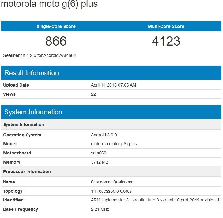 Смартфон Moto G6 Plus замечен в тесте GeekBench