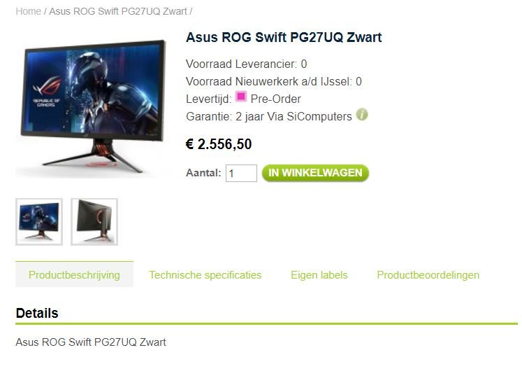 Asus ROG Swift PG27UQ, цена в Нидерландах