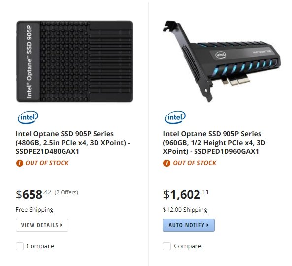 Твердотельные накопители Intel Optane SSD 905P замечены в каталоге Newegg