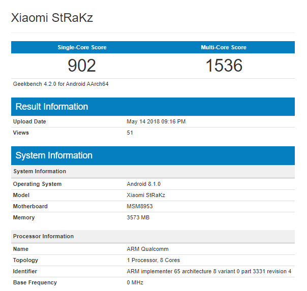 Смартфон Xiaomi Strakz получил SoC Snapdragon 625 и 4 ГБ ОЗУ