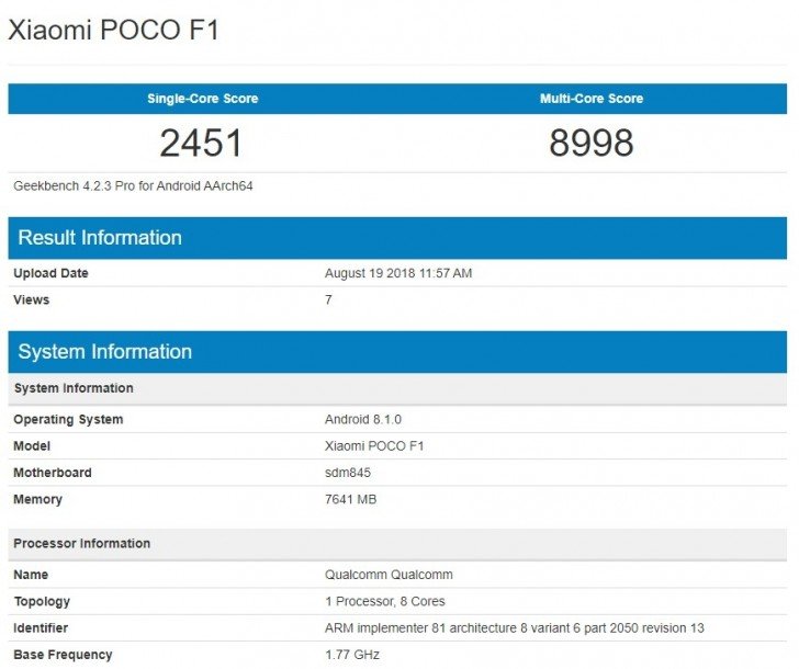 В тесте Geekbench замечен смартфон Xiaomi Pocophone F1 с 8 ГБ ОЗУ