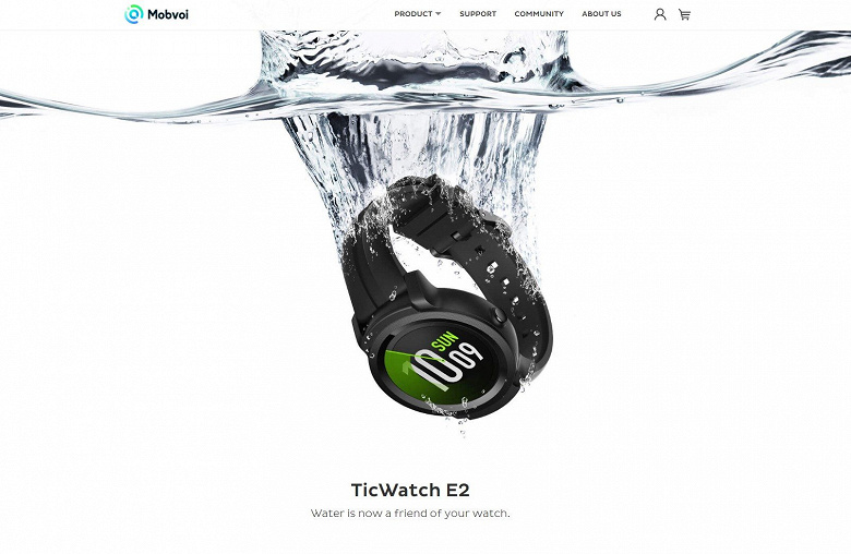 Изображение на сайте производителя говорит о водонепроницаемости часов Mobvoi Ticwatch E2 