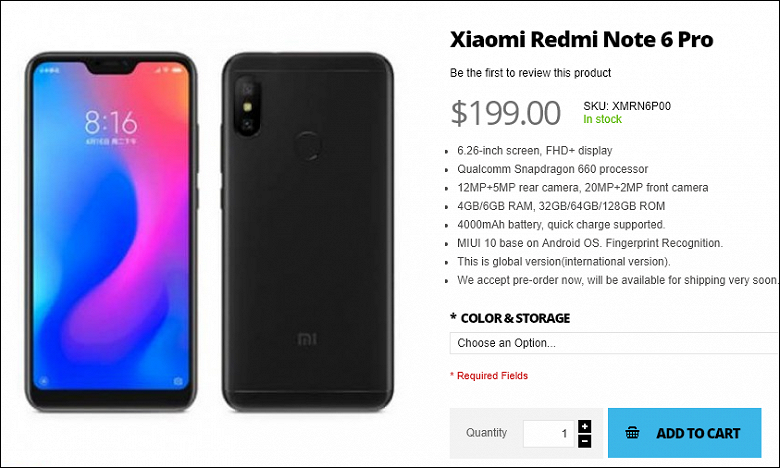 Смартфон Xiaomi Redmi Note 6 Pro можно заказать до анонса