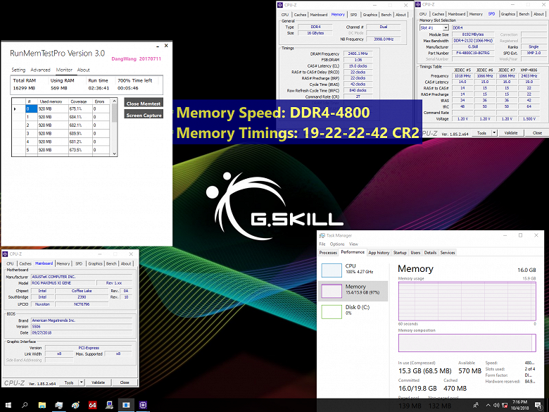 G.Skill демонстрирует комплекты модулей памяти DDR4-4800 и DDR4-4500 объемом 16 и 32 ГБ соответственно для плат на чипсете Intel Z390