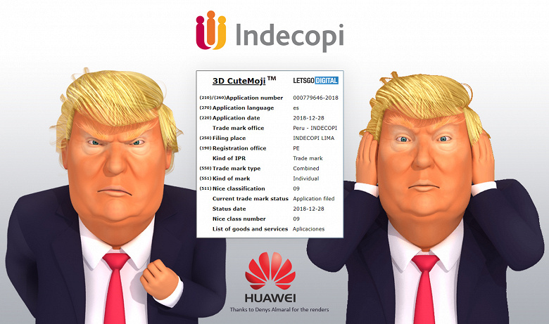 Для патента анимированных аватаров 3D CuteMoji компания Huawei выбрала изображение Дональда Трампа
