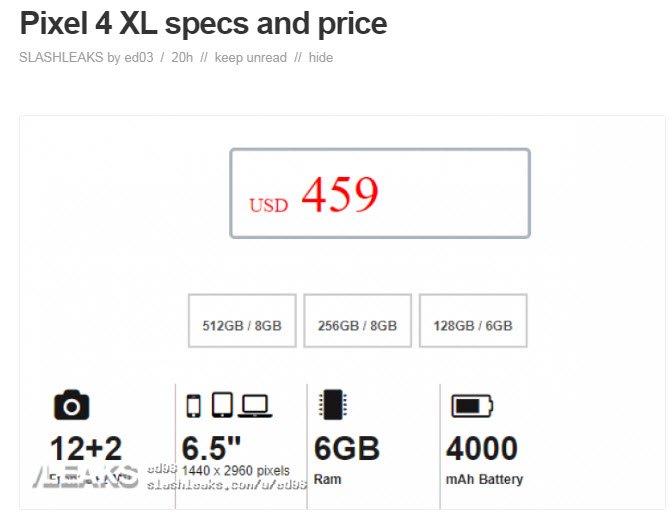 Слили характеристики и цену Google Pixel 4 XL: сдвоенная камера и аккумулятор на 4000 мА•ч 