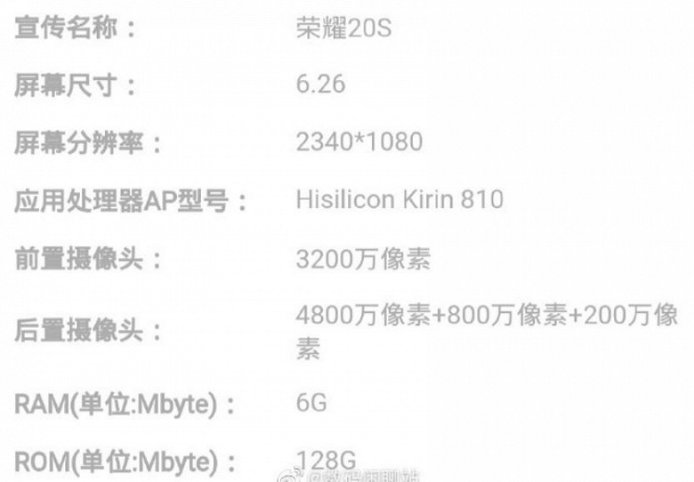 Опубликованы характеристики смартфона Honor 20s: как Honor 20, но с тройной камерой и на базе Kirin 810