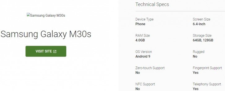 Основные характеристики смартфона Samsung Galaxy M30s подтверждены каталогом устройств Google