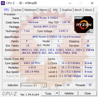 16-ядерный AMD Ryzen 9 5950X разогнали до 6,362 ГГц