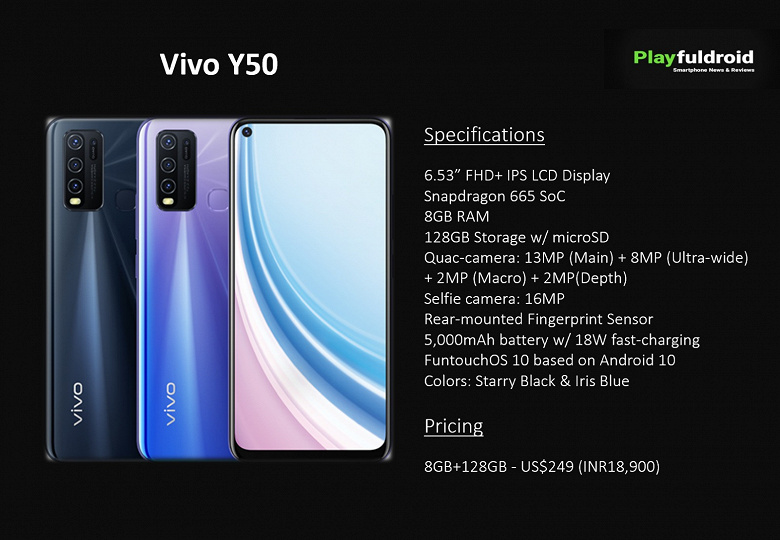 5000 мА·ч и квадрокамера за $249. Представлен смартфон Vivo Y50