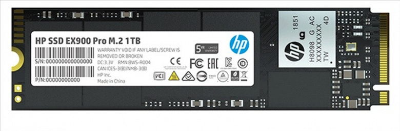 На твердотельные накопители HP EX900 Pro типоразмера M.2 с поддержкой NVMe 1.3 будет предоставляться пятилетняя гарантия