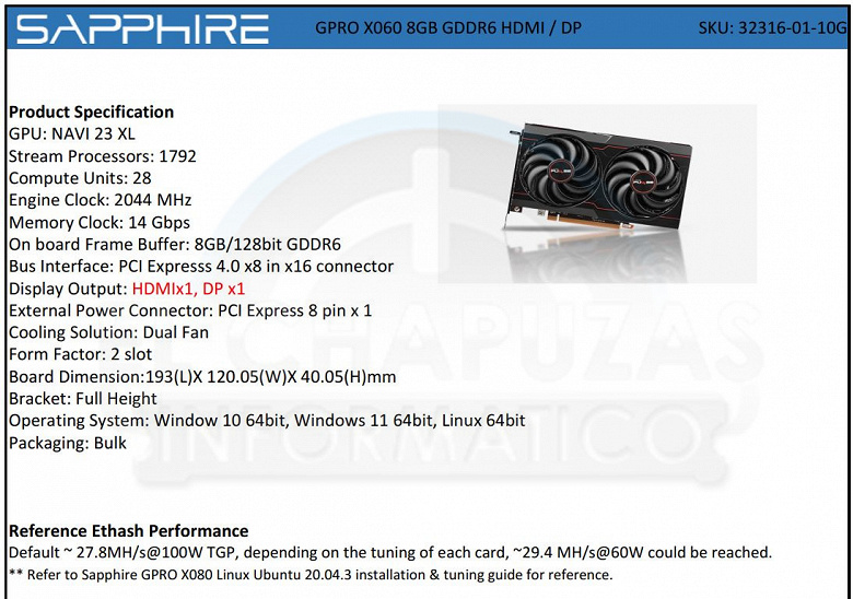 Sapphire GPRO X080 and GPRO X060 video cards have been declassified, which are sold directly to miners.  And they are much cheaper than their counterparts in the Radeon line.