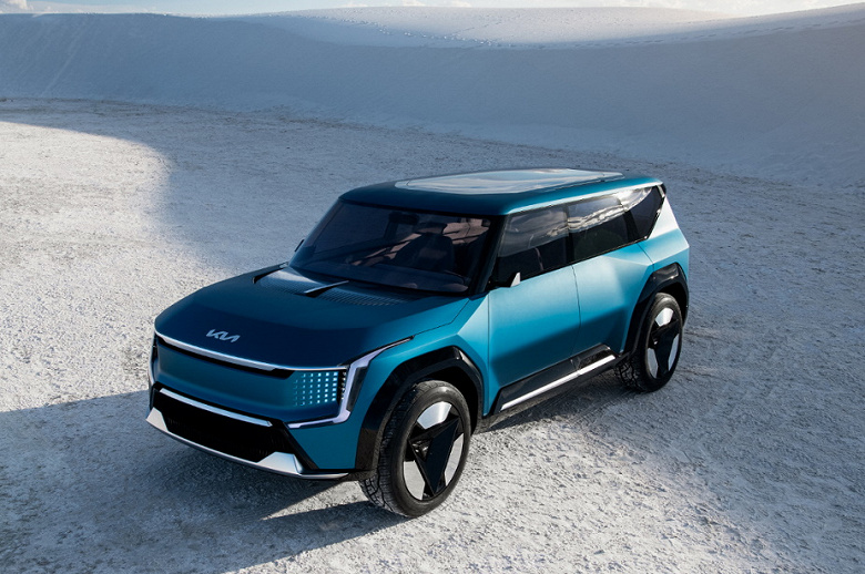 The power reserve is 480 km, a 27-inch screen, a display instead of a radiator grill and a transforming salon.  Kia Concept EV9 electric crossover presented