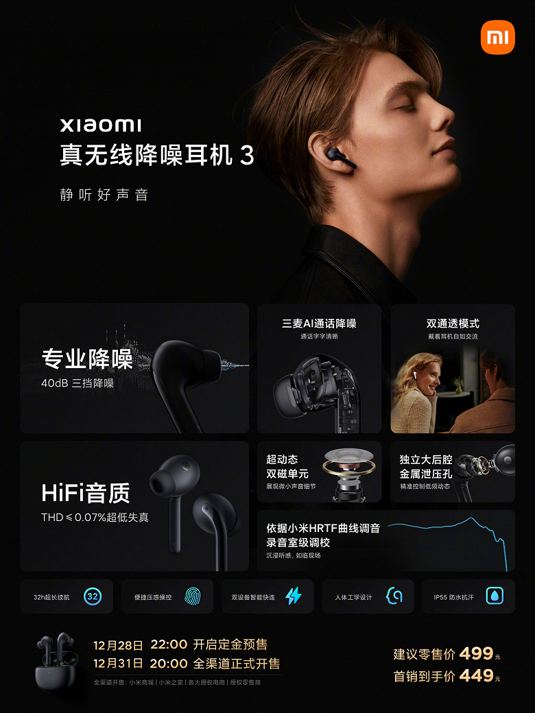 Представлены наушники Xiaomi Mi True Wireless Earphones 3 с адаптивным шумоподавлением и 32 часами работы без подзарядки
