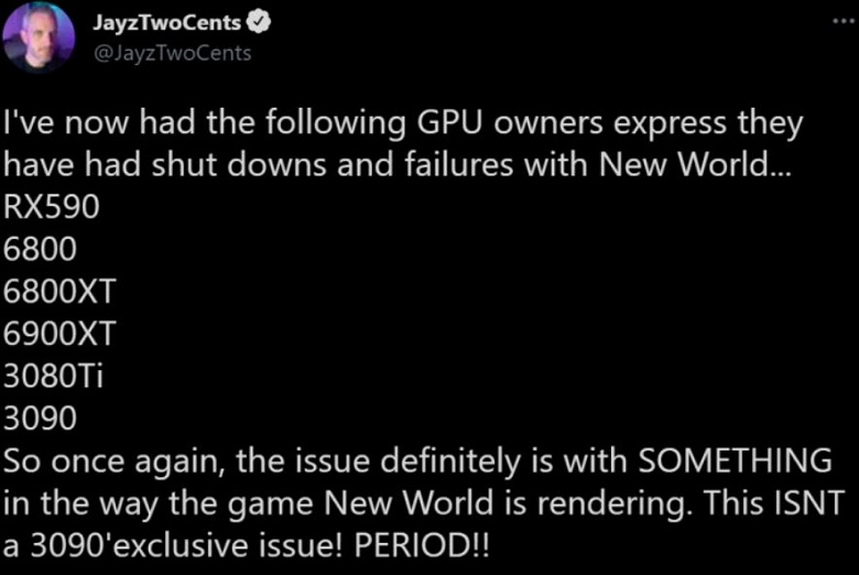 Игра Amazon New World ломает не только Nvidia GeForce RTX 3090. Проблемы отмечены с GeForce RTX 3080 Ti, Radeon RX 590, RX 6800, RX 6900 и RX 6900 XT