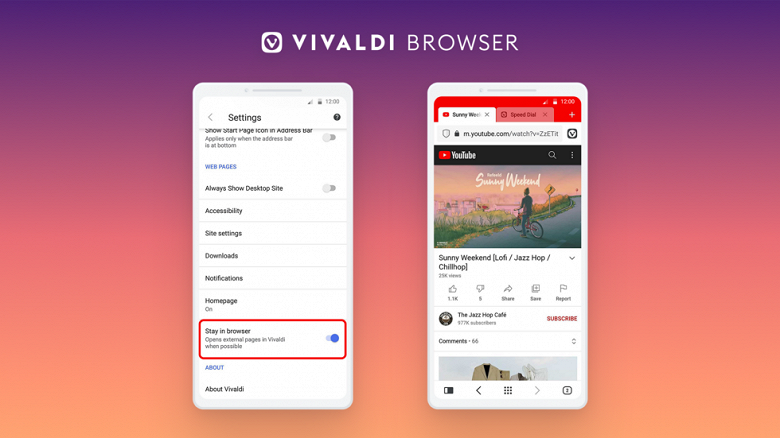 Альтернативный браузер Vivaldi для Android позволяет «Оставаться в браузере» и отключить группировку вкладок