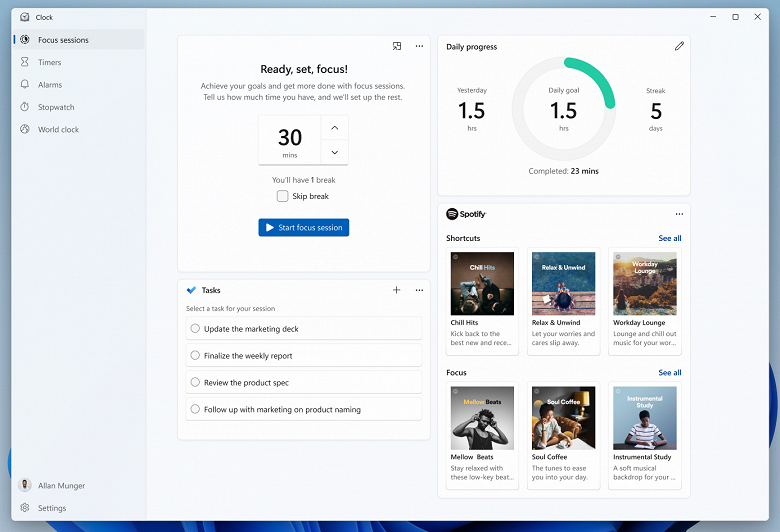 Свежая версия Windows 11 принесла новые «Часы» с функцией Focus Sessions