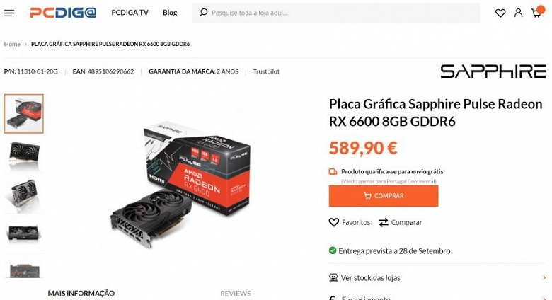 For the Radeon RX 6600 in Europe, they ask for 590 euros.  Sapphire Radeon RX 6600 Pulse spotted in a Portuguese store