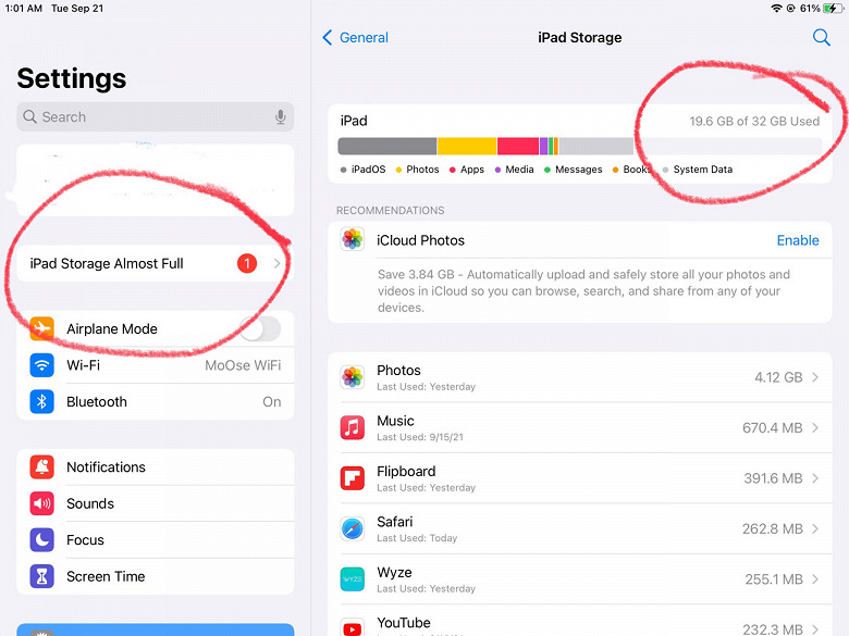 В iOS 15 и iPadOS 15 обнаружили неприятный баг: система ложно сообщает о том, что память iPhone и iPad почти заполнена